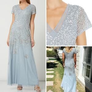 NWT Adrianna Papell Dress Beaded Floral Formal Evening Sequin Embellished Blue